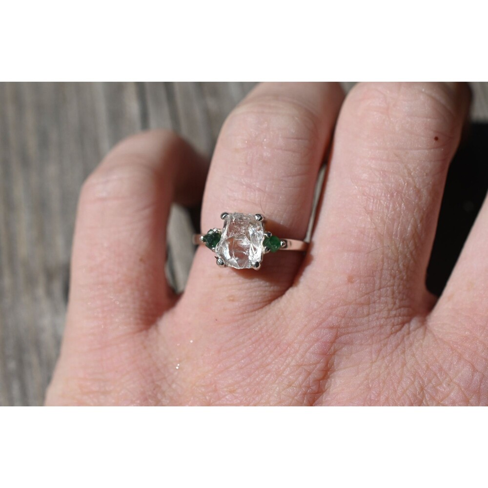 Raw Diamond Emerald Engagement Ring Rough Uncut Anniversary Silver Rustic dainty